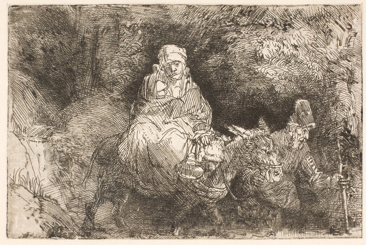 A menekülés Egyiptomba: a Szent Család átkel egy patakon alkotó: Rembrandt van Rijn