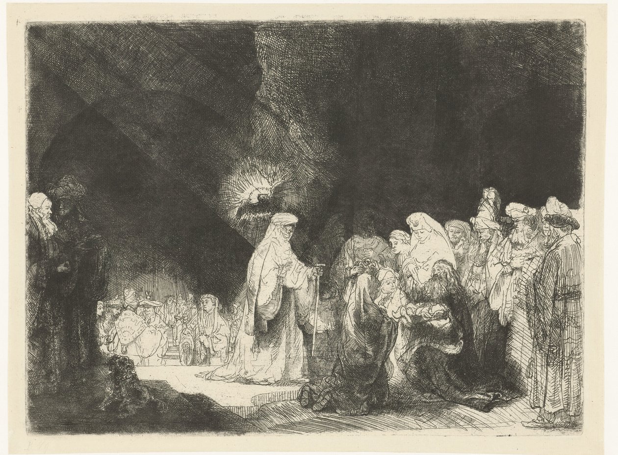 A bemutató a templomban: hosszúkás nyomtatás alkotó: Rembrandt van Rijn