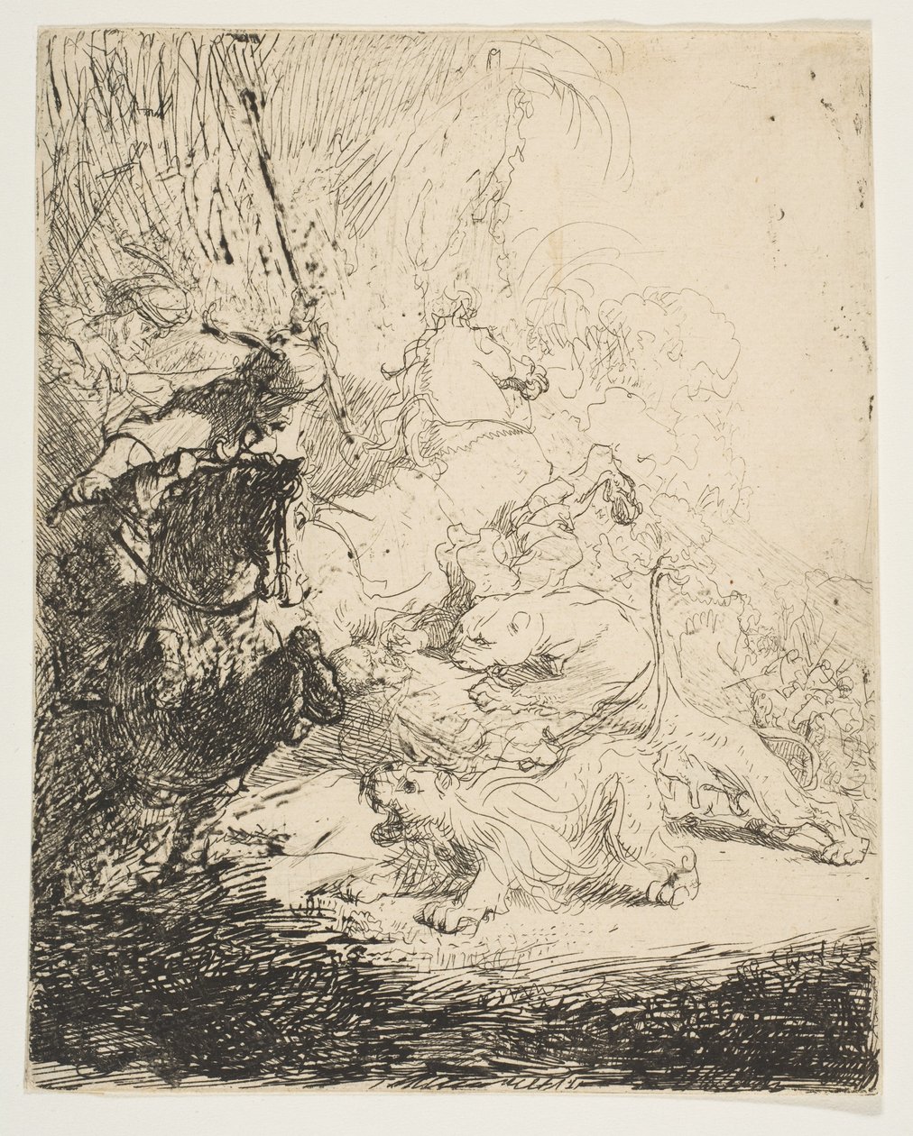 A kis oroszlánvadászat, két oroszlánnal, kb. 1632. alkotó: Rembrandt van Rijn