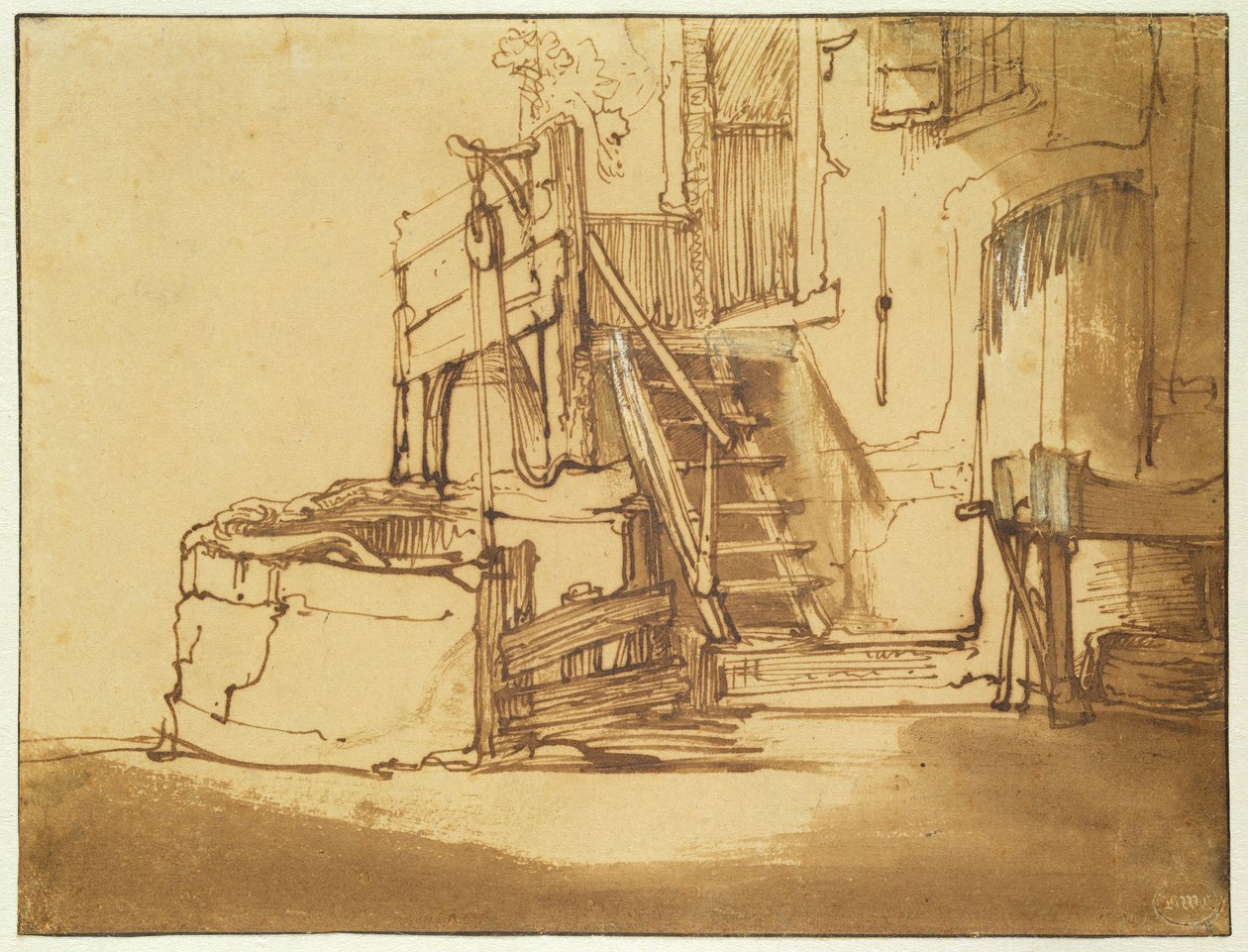 A parasztház előtti kút (toll és barna tinta és barna mosás papíron) alkotó: Rembrandt van Rijn