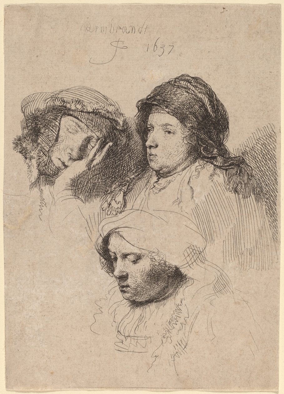Három nőfej, egy alszik alkotó: Rembrandt van Rijn