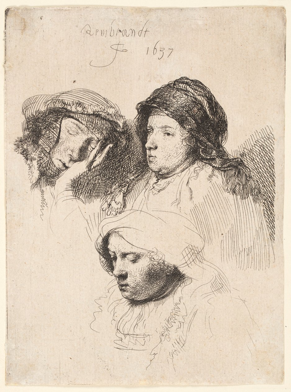 Három nőfej, egy alszik alkotó: Rembrandt van Rijn
