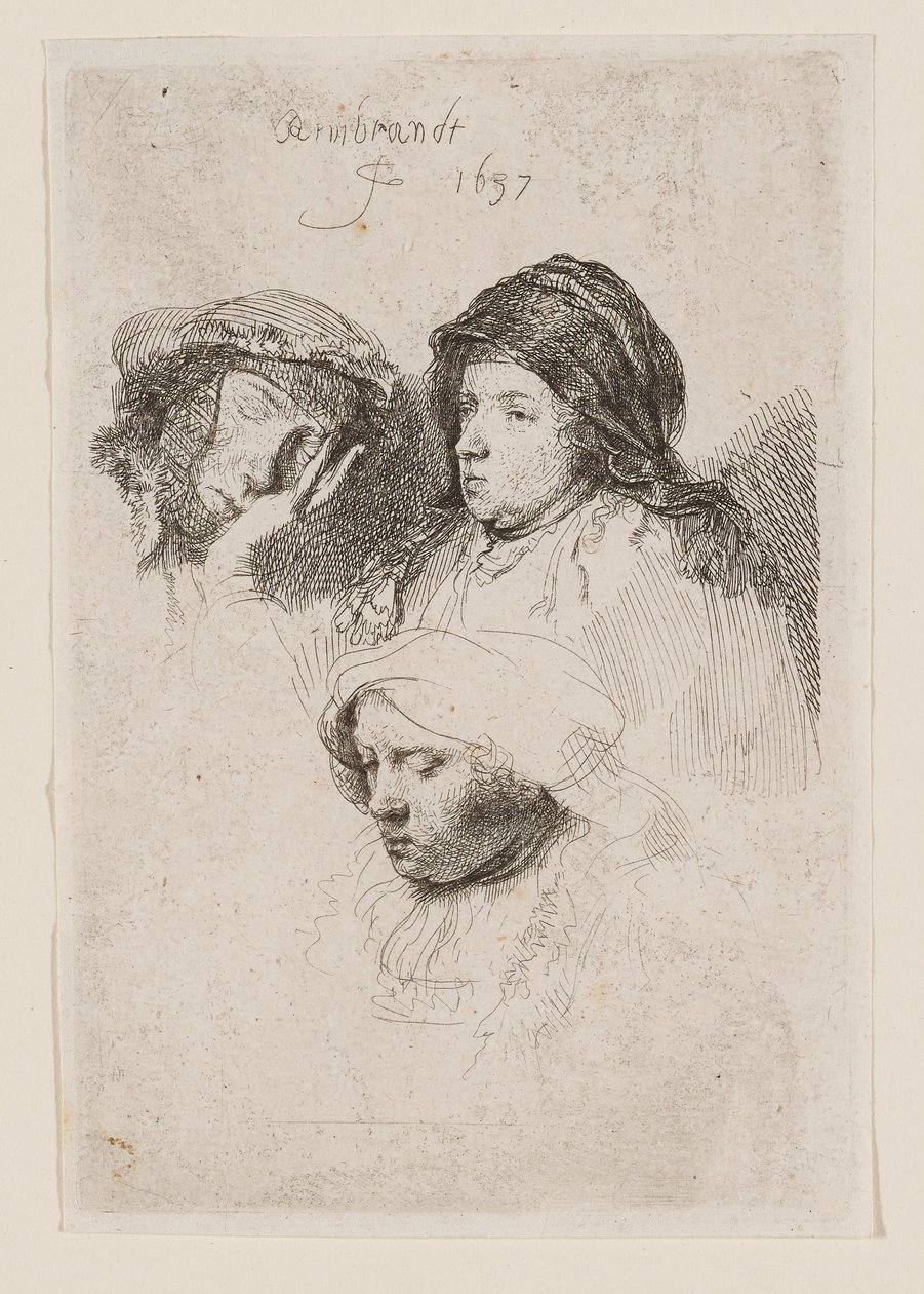 Három női fej, az egyik alszik alkotó: Rembrandt van Rijn