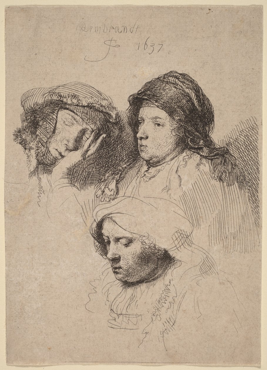 Három női fej, az egyik alszik alkotó: Rembrandt van Rijn