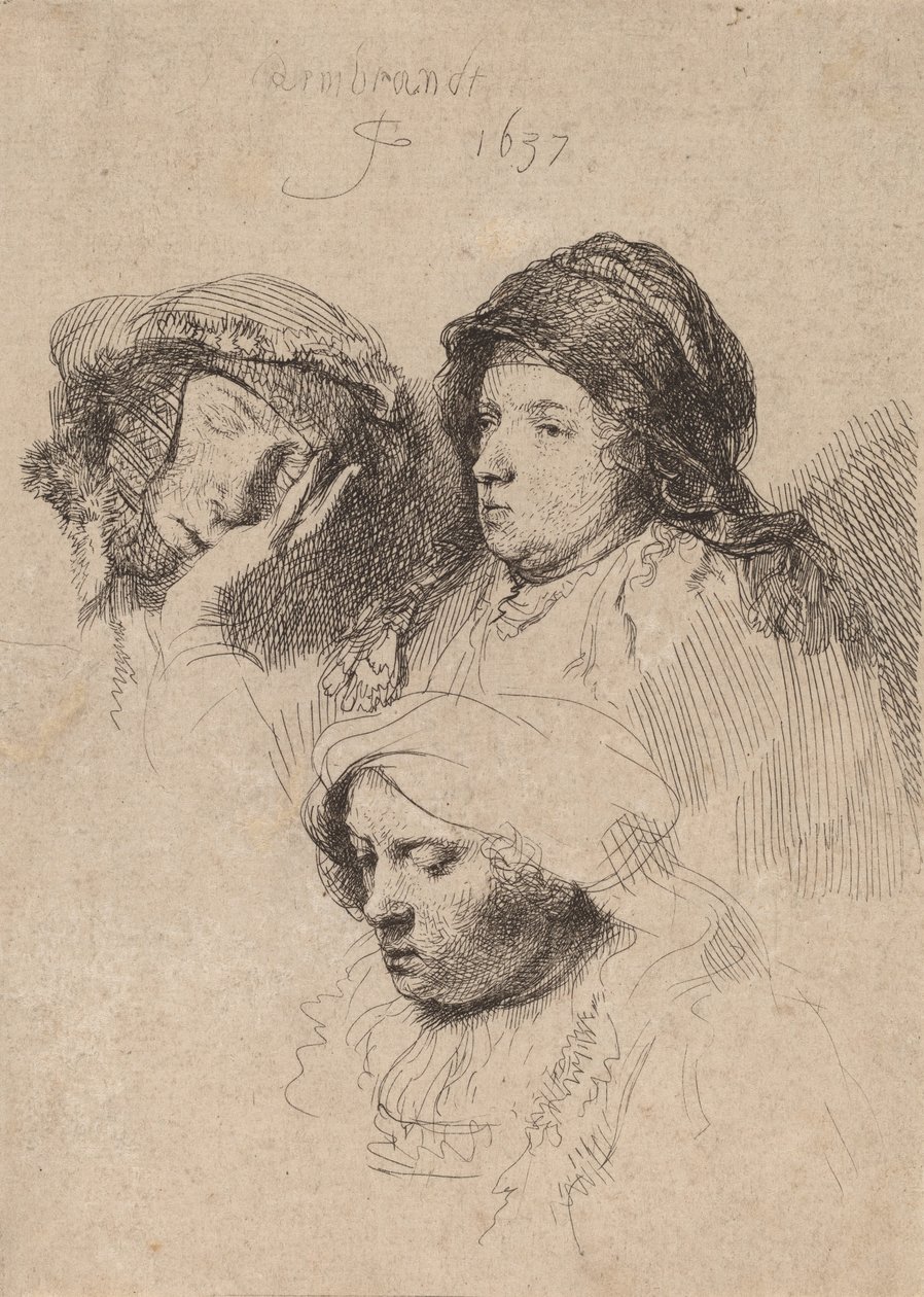 Három nőfej, egy alszik, 1637. alkotó: Rembrandt van Rijn