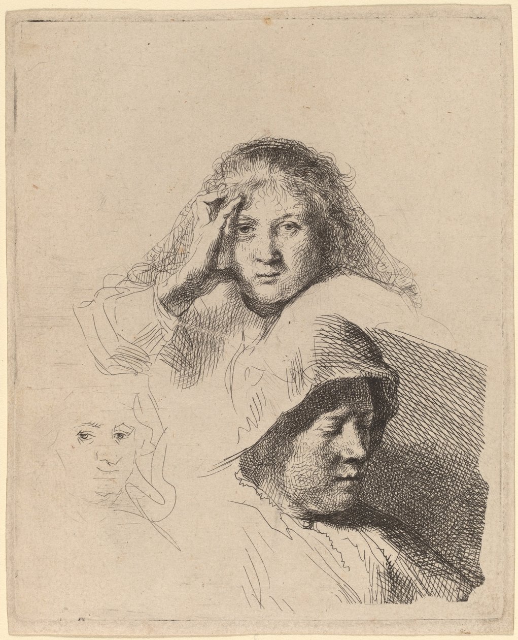 Három női fej, egy enyhén metszett alkotó: Rembrandt van Rijn