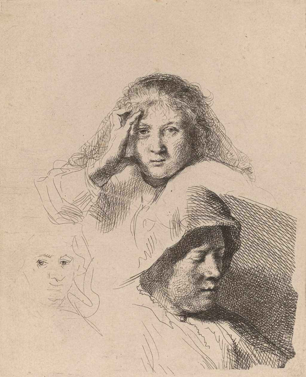 Három nőfej, egy enyhén metszett, c. 1637. alkotó: Rembrandt van Rijn