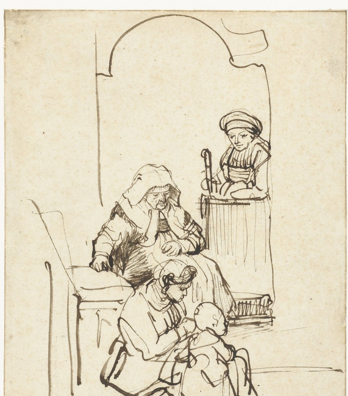 Három nő és egy gyerek egy ajtónál alkotó: Rembrandt van Rijn