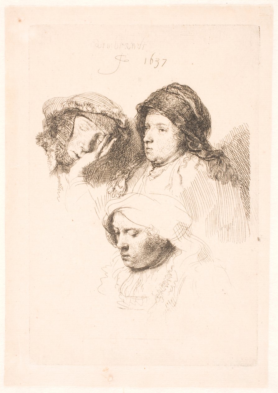 Három nőfej, egy alszik alkotó: Rembrandt van Rijn