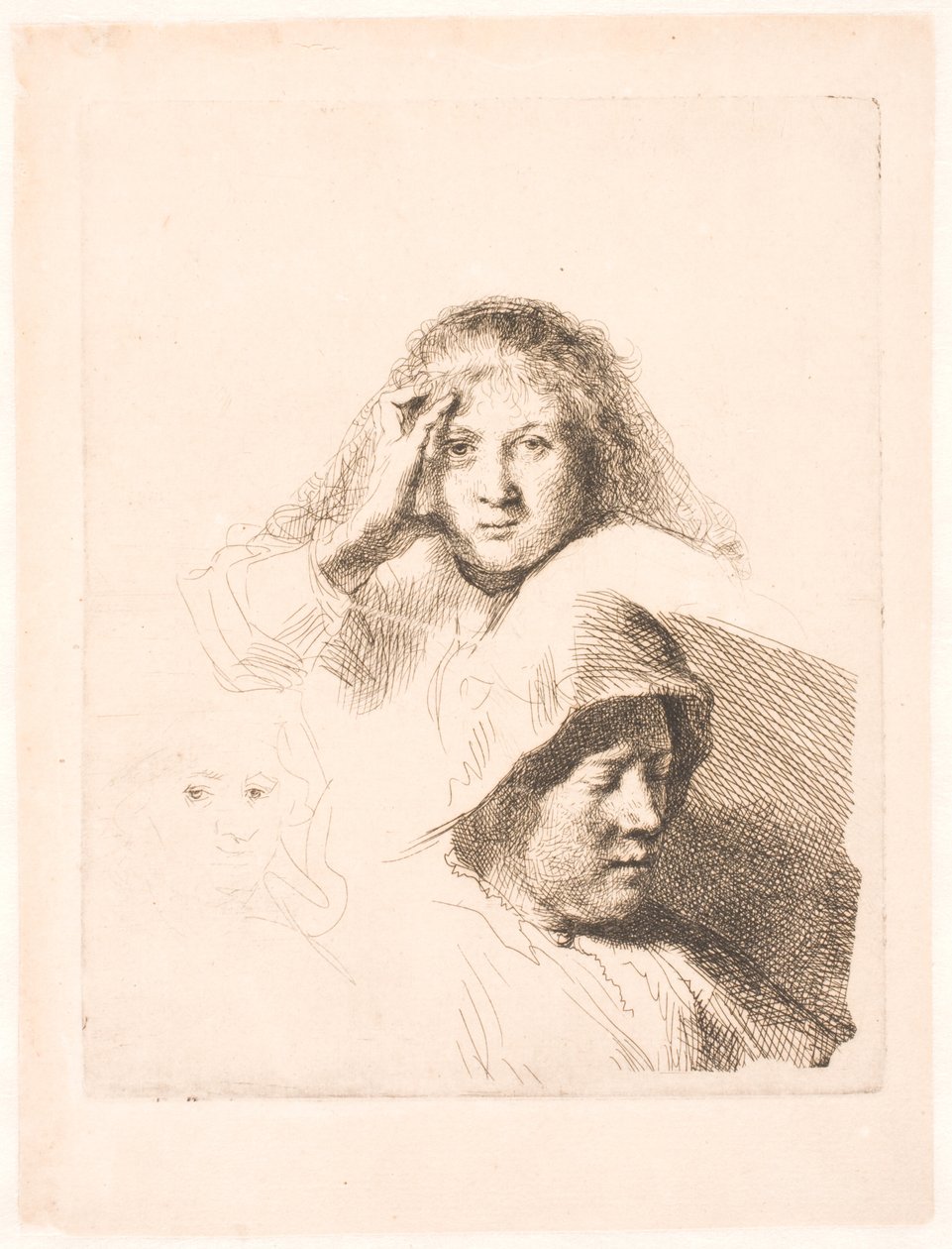 Három női fej, az egyik enyhén maratott alkotó: Rembrandt van Rijn