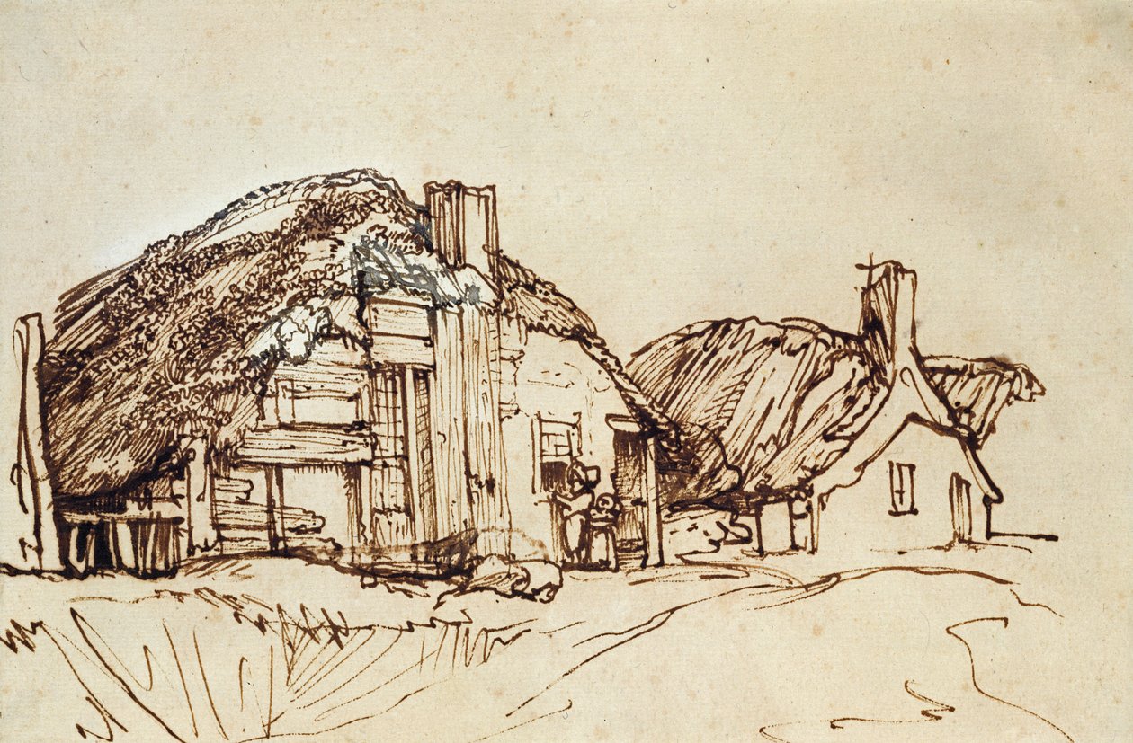 Két nádfedeles házikó figurákkal az ablaknál alkotó: Rembrandt van Rijn