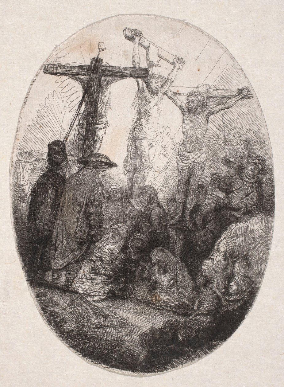 Keresztre feszítés két tolvaj között (ovális tábla) alkotó: Rembrandt van Rijn