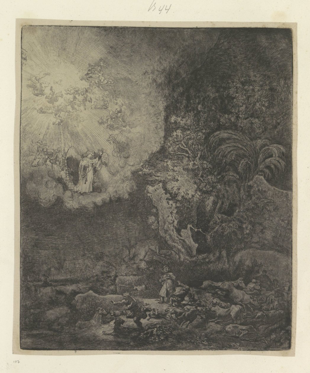 Verkondiging aan de herders Nyolcvanöt eredeti nyomat gyűjteménye (sorozat címe) alkotó: Rembrandt van Rijn