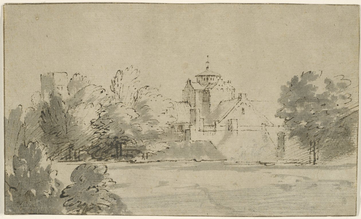 Kilátás az utrechti Mariakerkre délről, 1652 körül (toll és tinta mosással papíron) alkotó: Rembrandt van Rijn