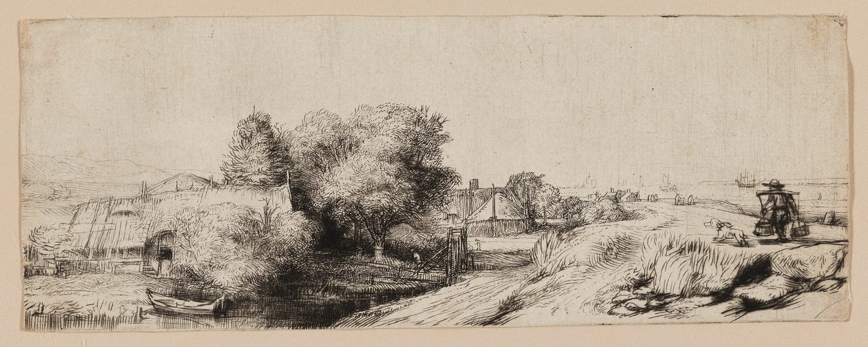 Kilátás a Diemerdijkre, tejesemberrel és nyaralók alkotó: Rembrandt van Rijn