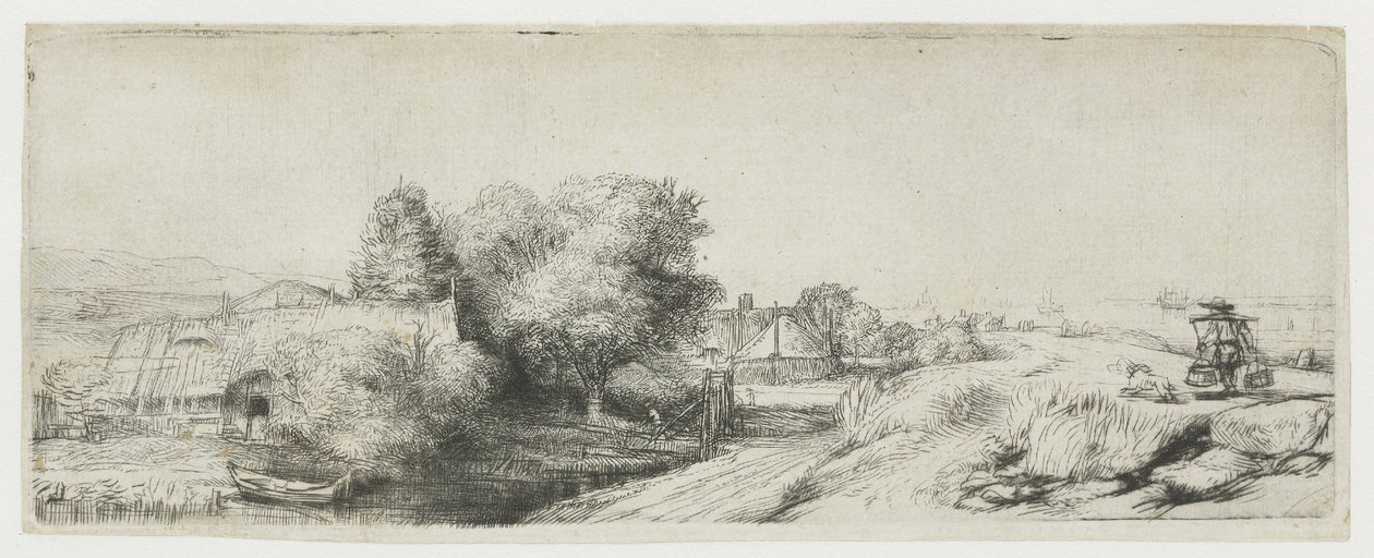 Kilátás a Diemerdijkre, egy tejesemberrel és parasztházakkal alkotó: Rembrandt van Rijn