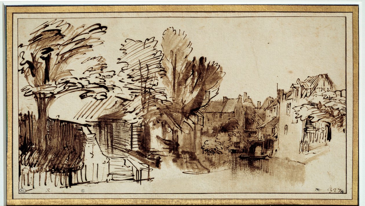 Kilátás a Singel-csatornára Amersfoortban. Harmensz Rembrandt (1606-1669) rajza alkotó: Rembrandt van Rijn