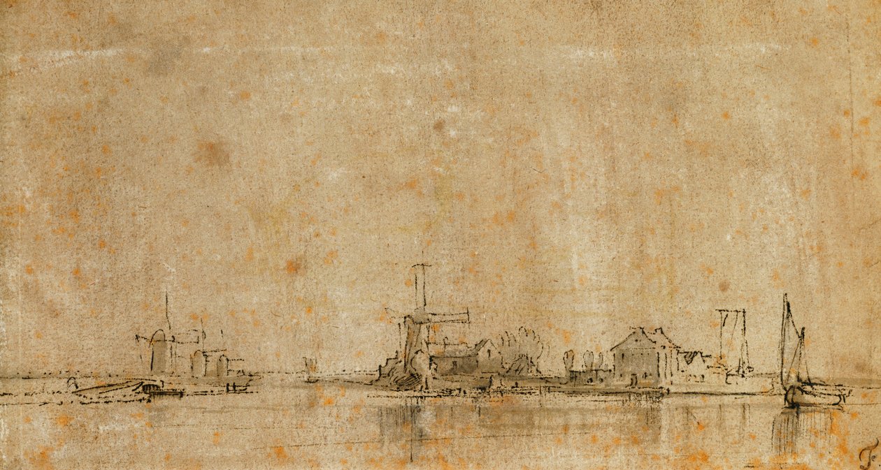 Kilátás az Amstelre az Omvalnál, balra a Diermermeer Ringvaart alkotó: Rembrandt van Rijn