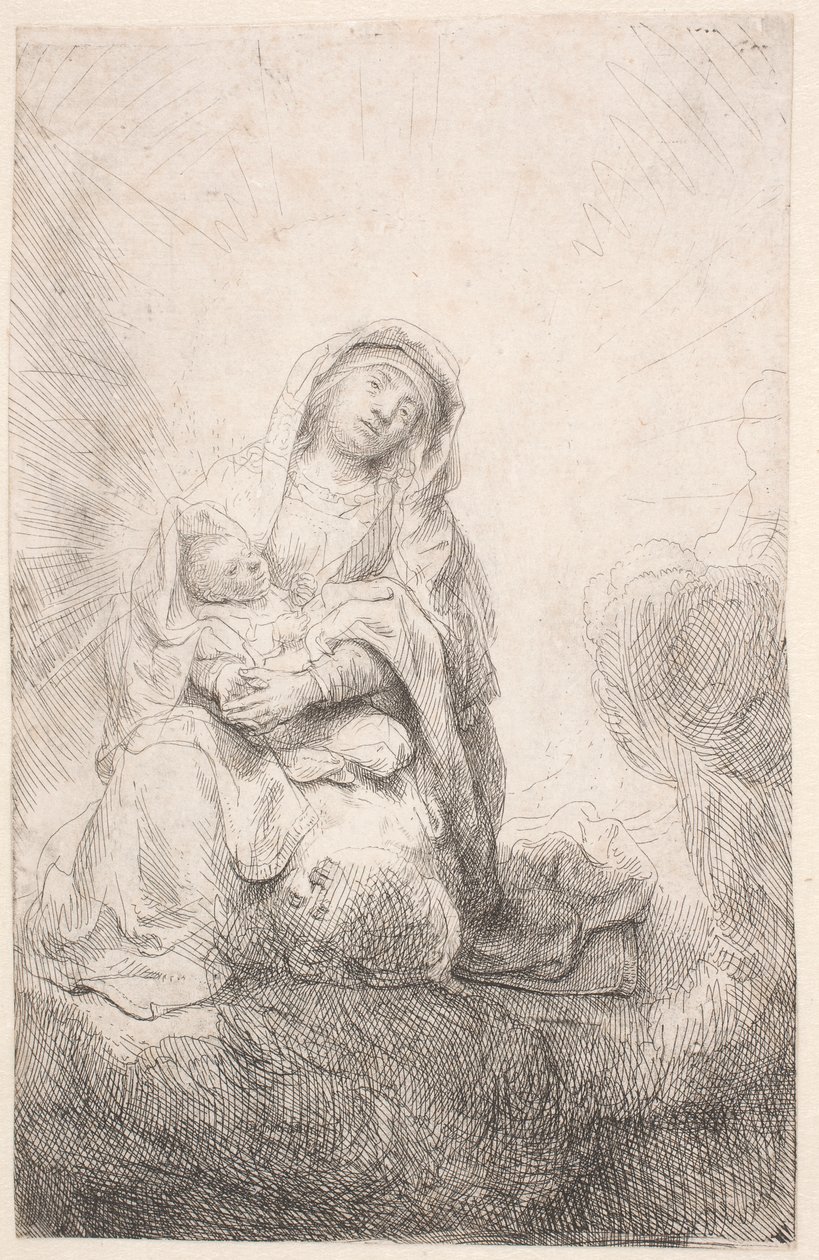 Szűz Mária és a gyermek a felhők között alkotó: Rembrandt van Rijn