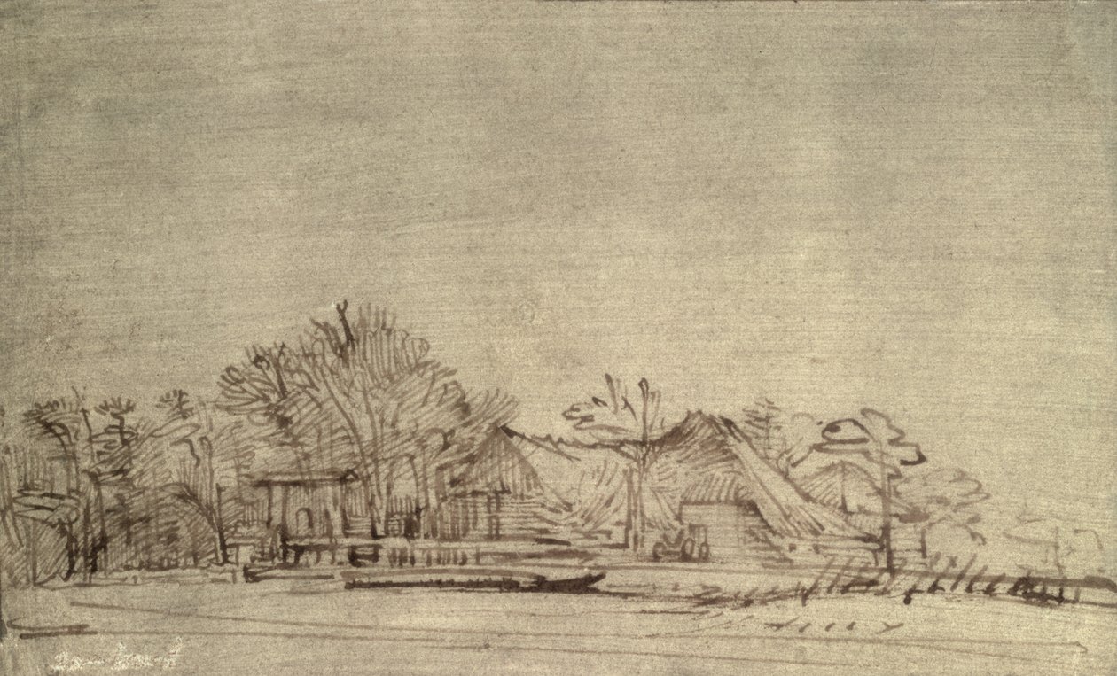 Téli táj házikókkal a fák között, 1650 körül (nád toll és barna tinta) alkotó: Rembrandt van Rijn