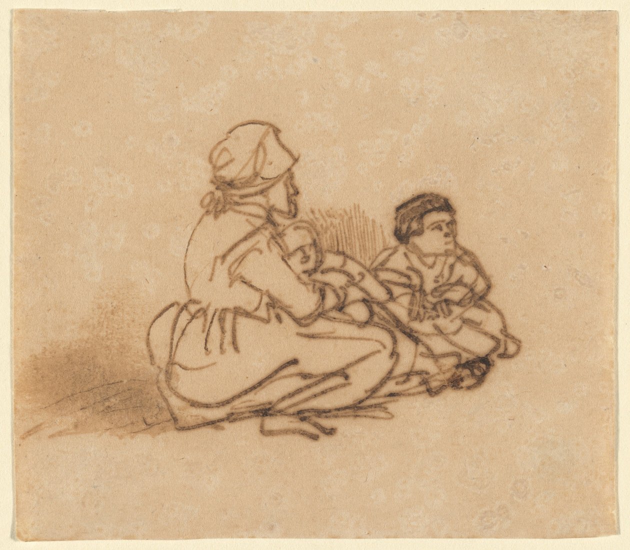 Nő ül a földön két gyerekkel alkotó: Rembrandt van Rijn