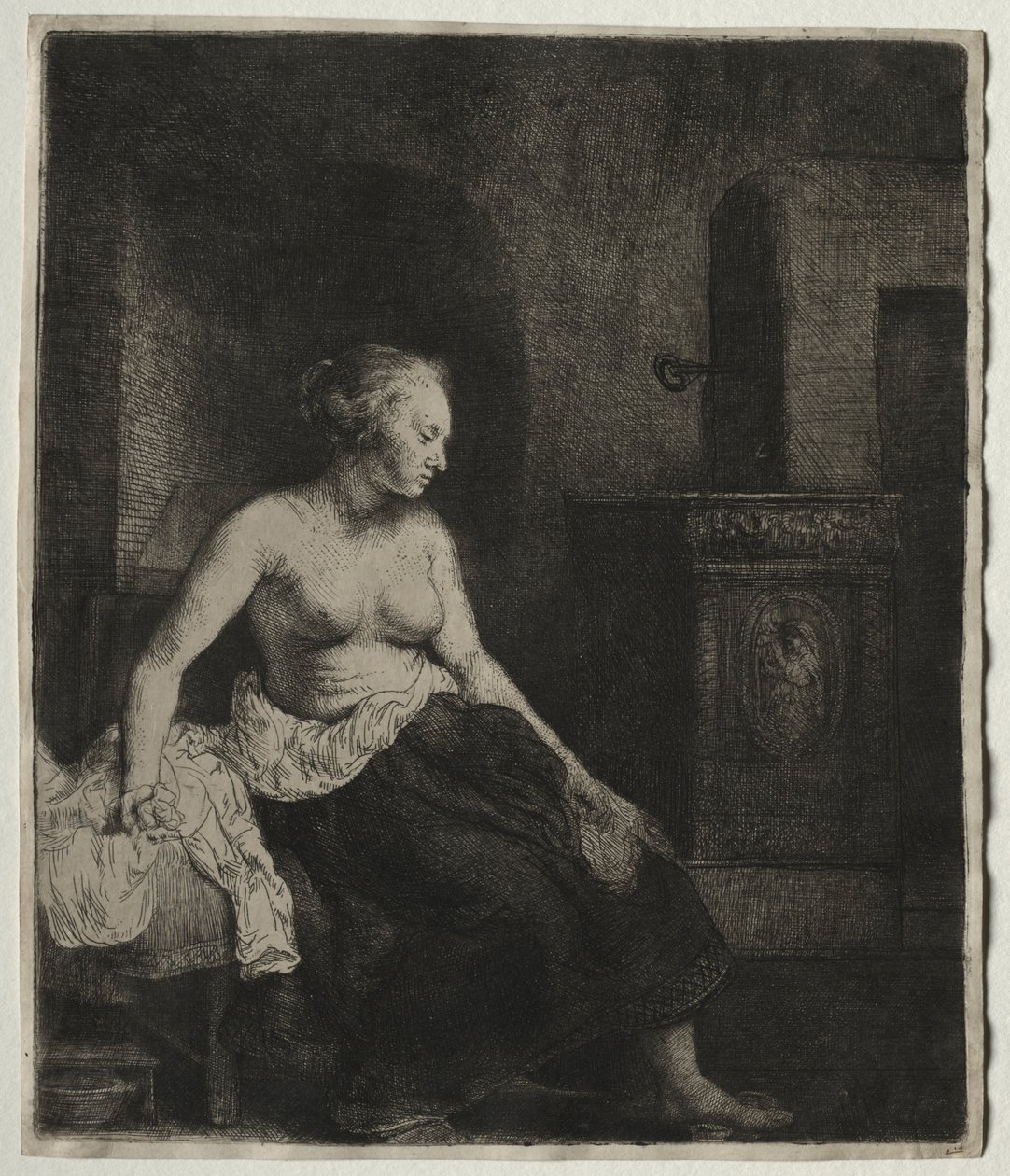 Nő félig felöltözve ül a tűzhely mellett, 1658. alkotó: Rembrandt van Rijn