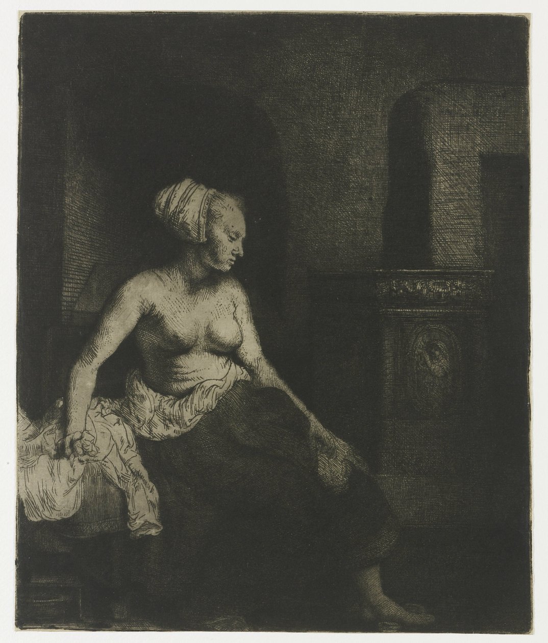 Nő félig felöltözve ül a tűzhely mellett Nő félig felöltözve ül a tűzhely mellett alkotó: Rembrandt van Rijn