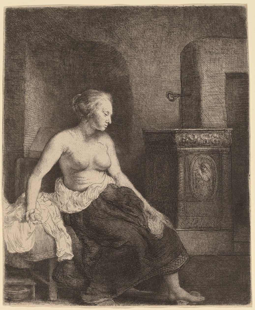 Nő félig felöltözve ül a tűzhely mellett alkotó: Rembrandt van Rijn
