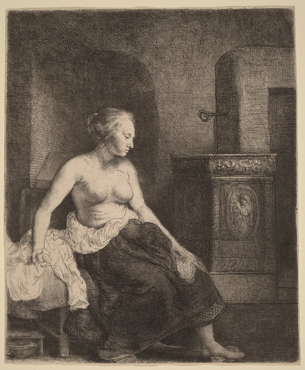 Félmeztelenül ülő nő a kályha mellett alkotó: Rembrandt van Rijn