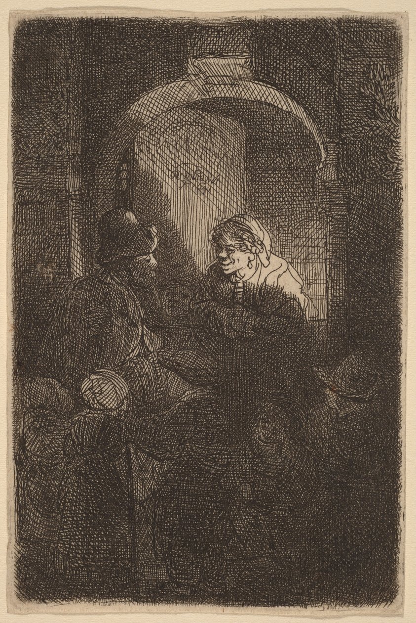 Egy nő az ajtónyílásnál beszélget egy férfival és gyerekekkel (Az iskolaigazgató) alkotó: Rembrandt van Rijn