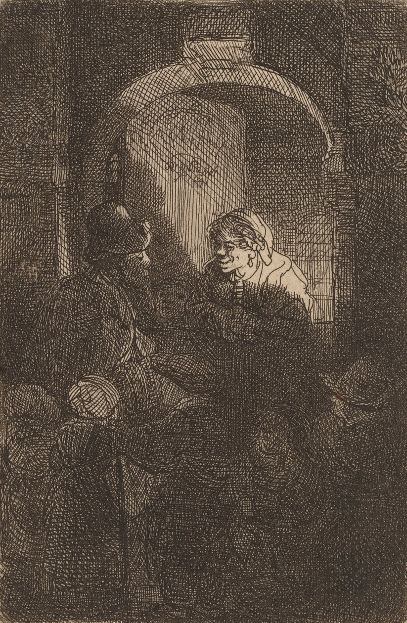 Nő az ajtónyílásban, egy férfival és gyerekekkel beszélget Az iskolamester, 1641. alkotó: Rembrandt van Rijn