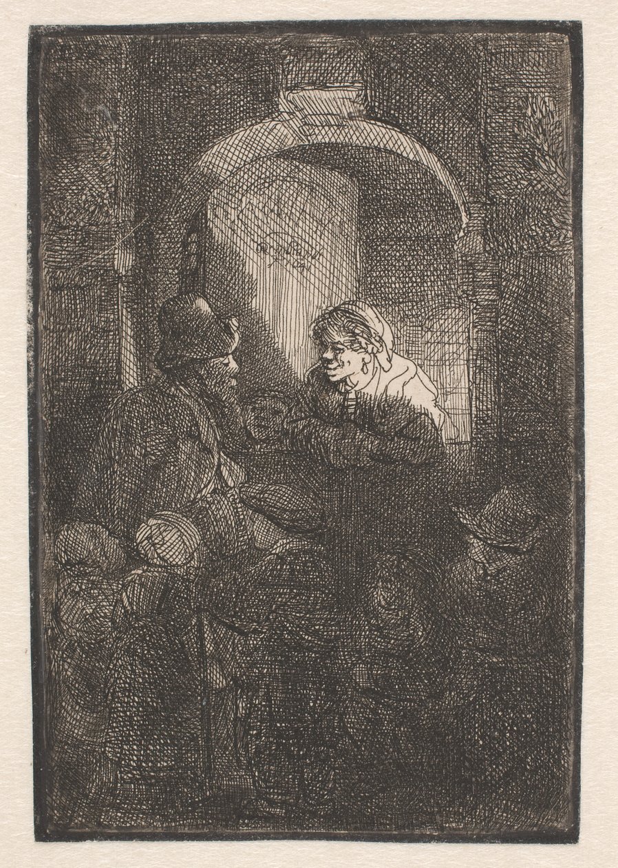 Egy nő az ajtónyílásnál beszélget egy férfival és gyerekekkel (az „iskolamester”) alkotó: Rembrandt van Rijn