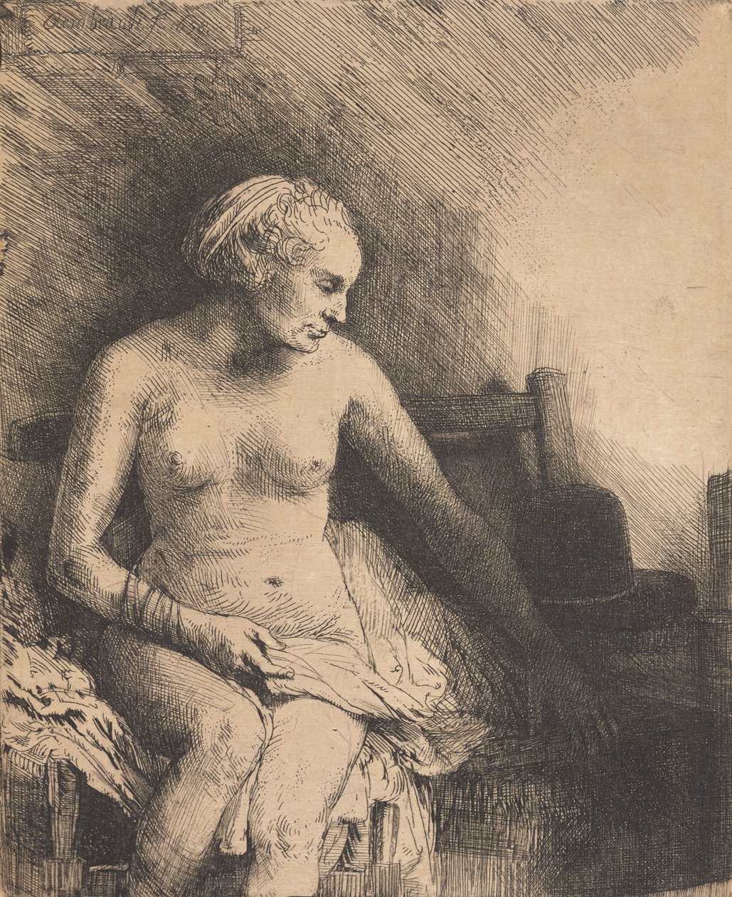 Fürdőző nő, mellette egy kalappal alkotó: Rembrandt van Rijn