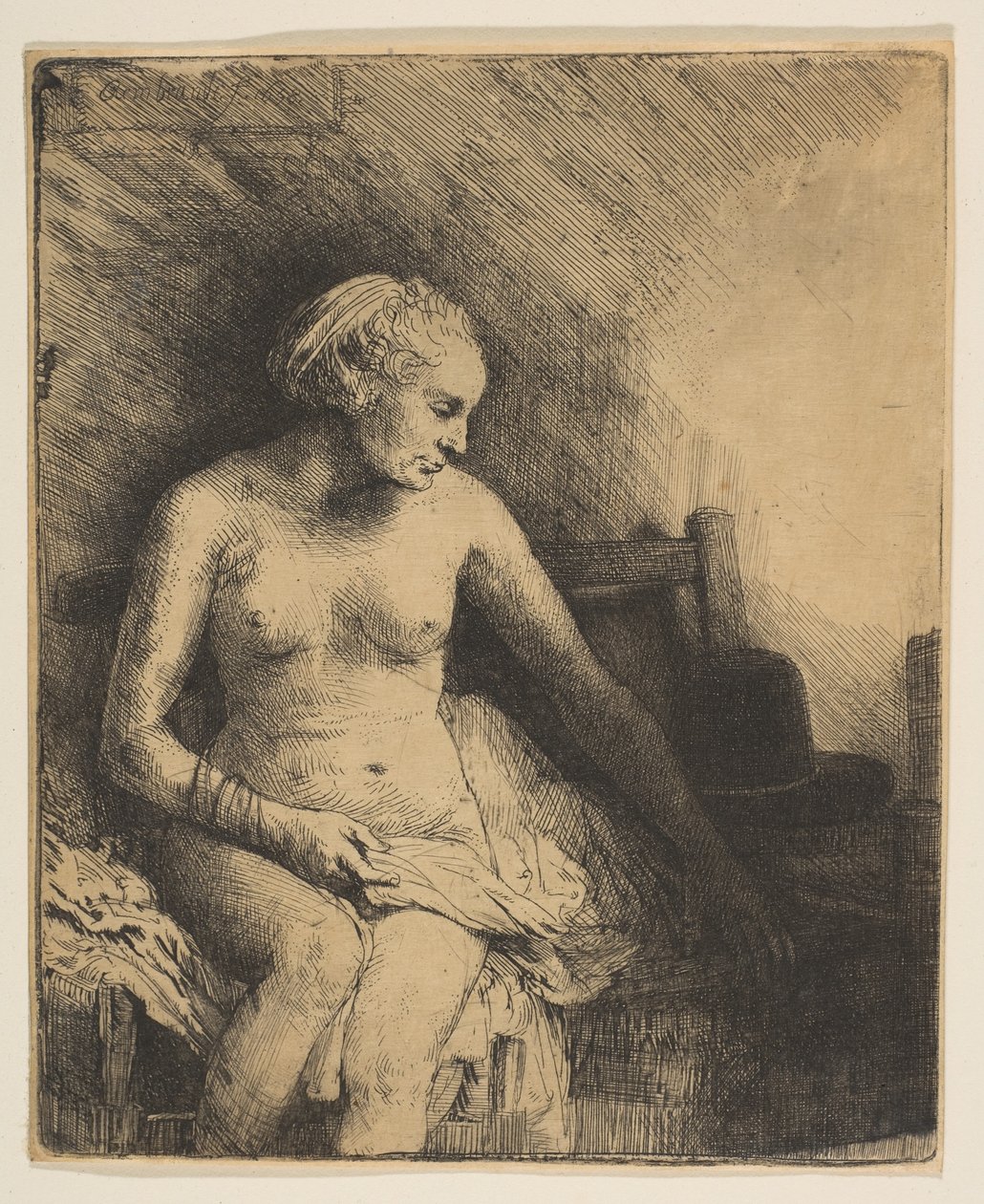 Nő a fürdőben, kalappal maga mellett, 1658. alkotó: Rembrandt van Rijn
