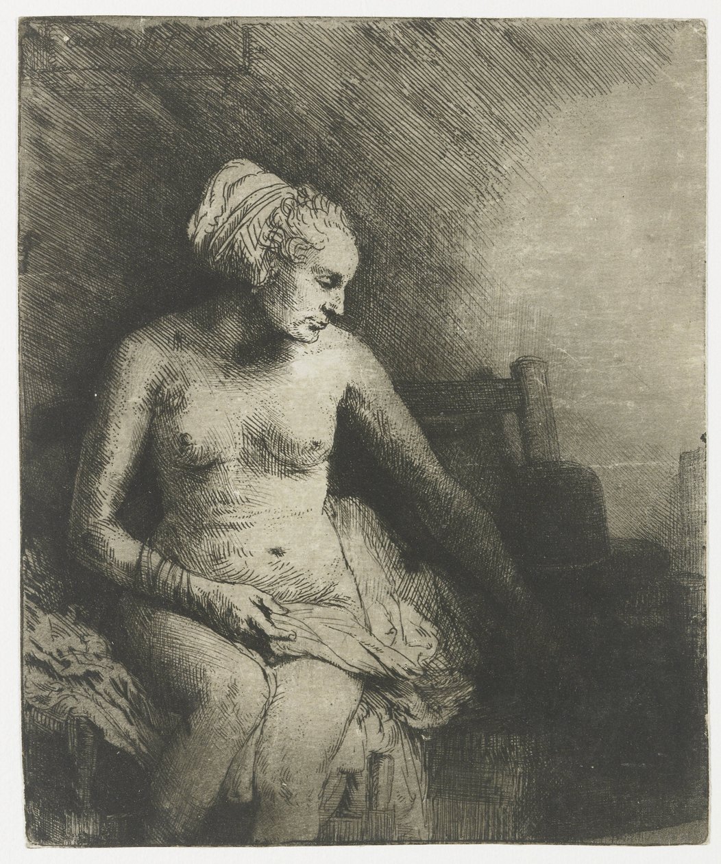 Nő a fürdőben, kalappal mellette Nő a fürdőben egy kalappal mellette alkotó: Rembrandt van Rijn