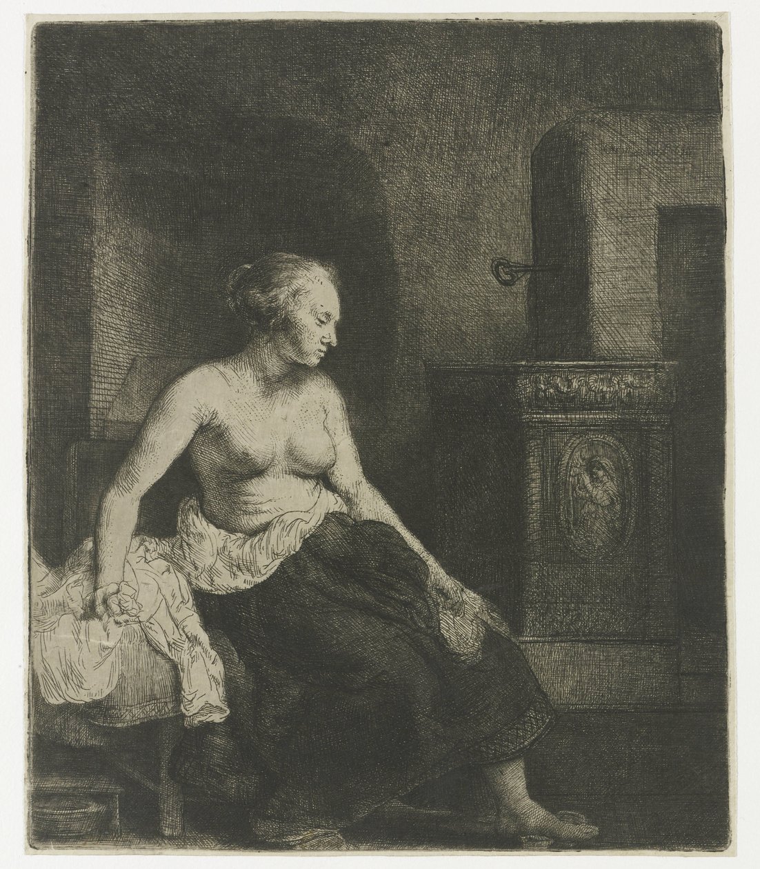 Nő félig felöltözve ül a tűzhely mellett alkotó: Rembrandt van Rijn