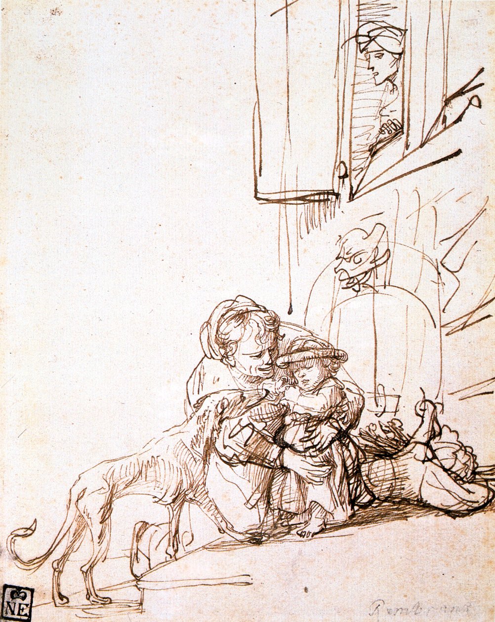 Nő egy gyerekkel, aki fél a kutyától, 17. század alkotó: Rembrandt van Rijn