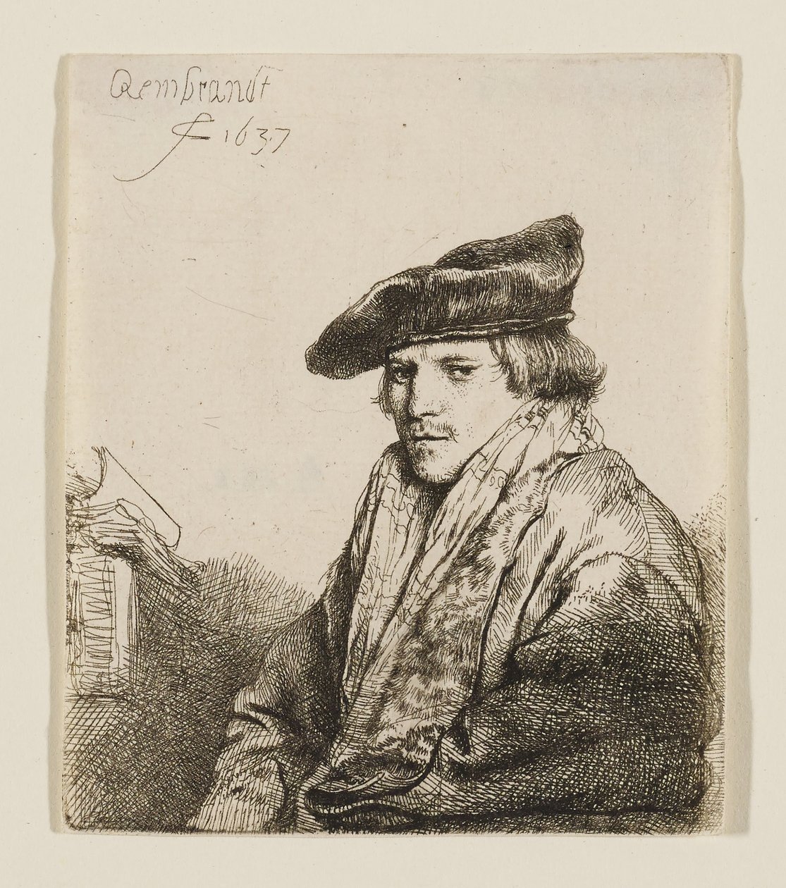 Bársonyos sapkás fiatalember, mellette könyvekkel alkotó: Rembrandt van Rijn