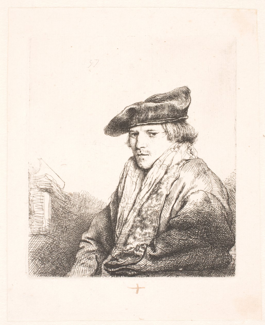 Fiatal férfi bársonysapkában, mellette könyvek alkotó: Rembrandt van Rijn