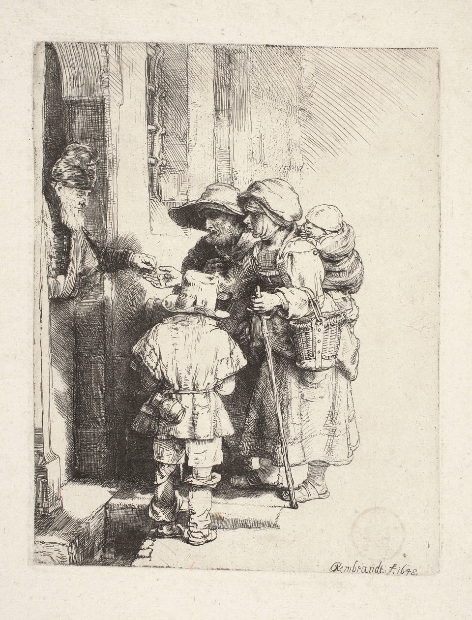 A bejáratnál alamizsnát kapó koldusok alkotó: Rembrandt van Rijn