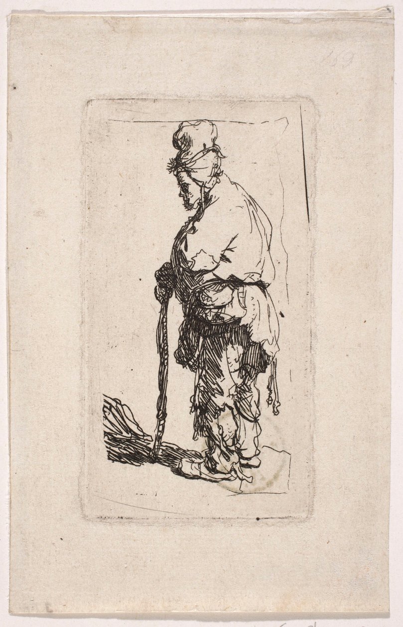 Egy botra támaszkodó koldus, balra fordulva alkotó: Rembrandt van Rijn
