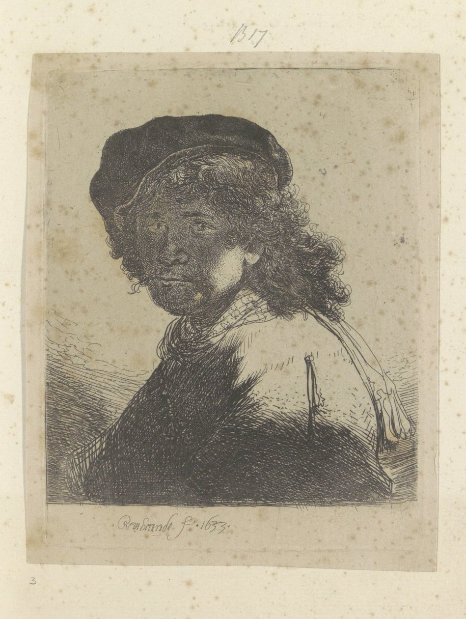 Önarckép svájcisapkóval és nyakkendővel, arc az árnyékban Recueil de quatre-vingt-cinq estampes originales (sorozat címe) alkotó: Rembrandt van Rijn