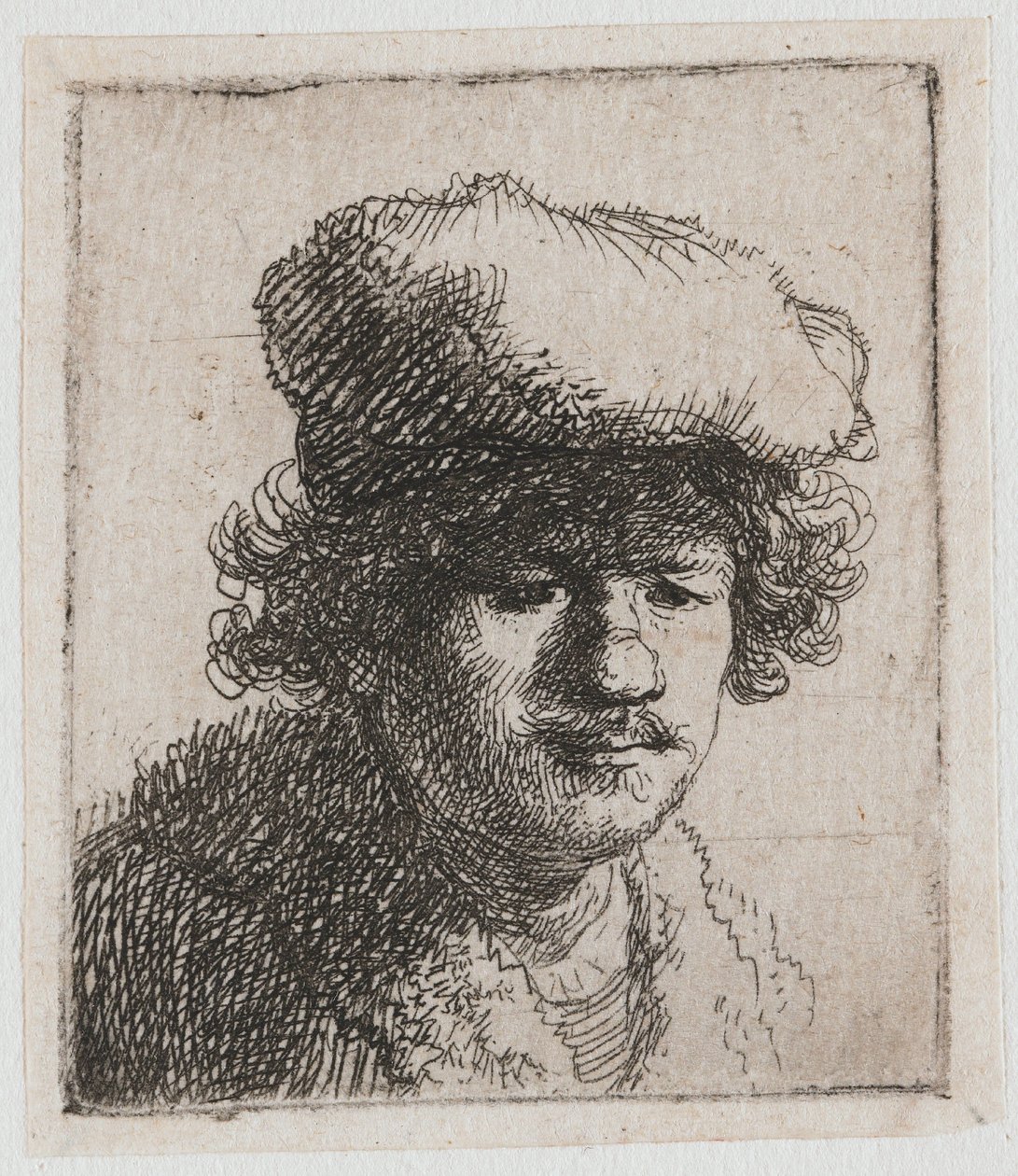 Önarckép előrehúzott barettel alkotó: Rembrandt van Rijn