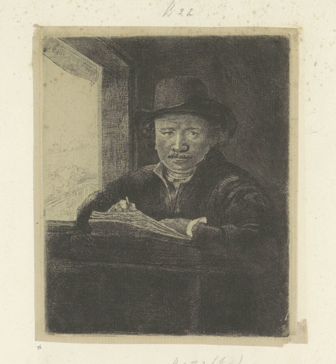Önarckép, rajz az ablakon Recueil de quatre-vingt-cinq estampes originales (sorozat címe) alkotó: Rembrandt van Rijn