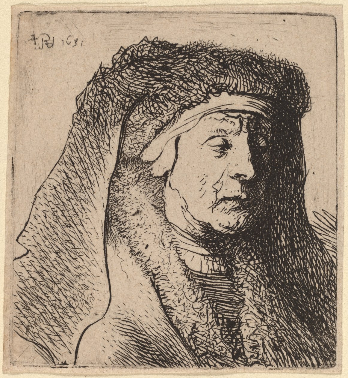 Egy bundás köpenyben és nehéz fejdíszes öregasszony mellszobra alkotó: Rembrandt van Rijn and Studio of Rembrandt