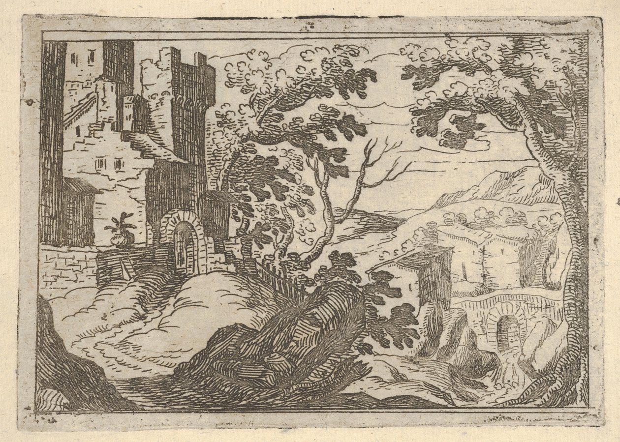 Táj épületekkel balra, alul jobbra egy híddal, kb. 1620-50. alkotó: Remigio Cantagallina