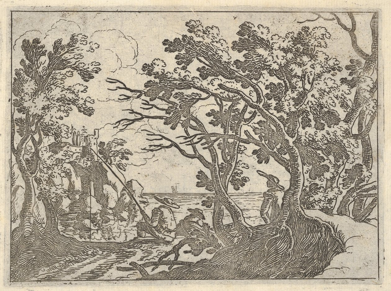 Táj szárazföldi halász és férfi bámészkodó a fák alatt, egy férfi csónakorrban..., kb. 1620-50. alkotó: Remigio Cantagallina