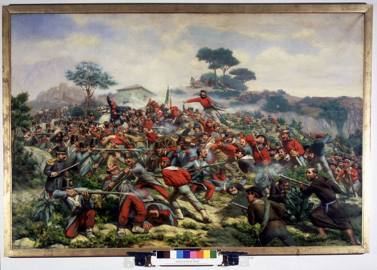 Risorgimento: a szicíliai Calatafimi csata Giuseppe Garibaldi (1807-1882) csapataival szemben, az Ezer a két Szicíliai Királyság hadserege, Remigio Legat 1860.05.15. festménye. Museo del Risorgimento. Milánó alkotó: Remigio Legat