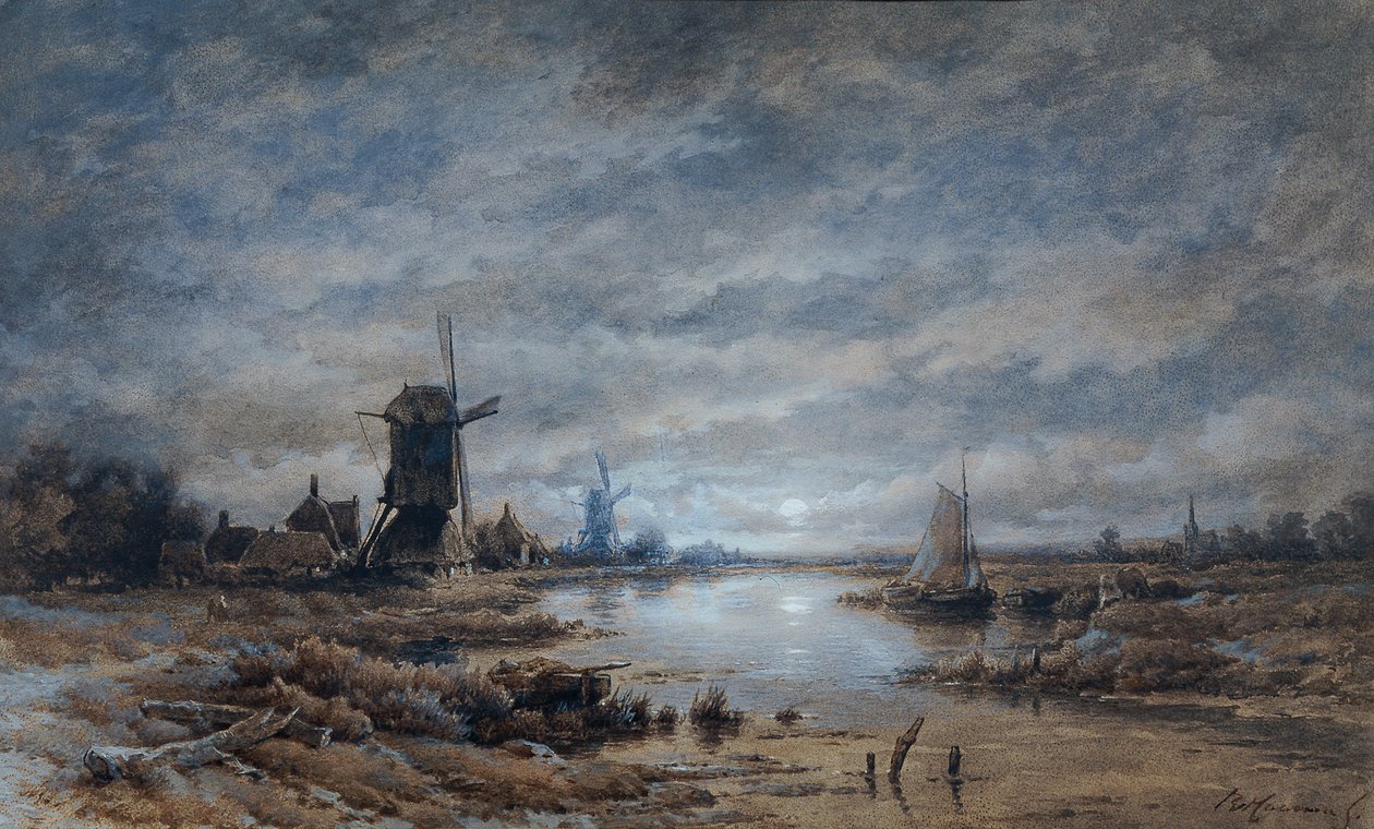 Holdfényes éjszaka (csatorna táj szélmalmokkal és hajókkal) alkotó: Remigius Adrianus van Haanen