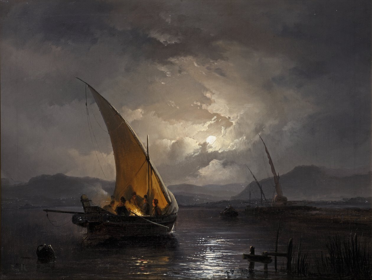 Éjszakai táj vitorlással, ahol tüzet gyújtanak, 1860 után (olaj, vászon) alkotó: Remigius van Haanen